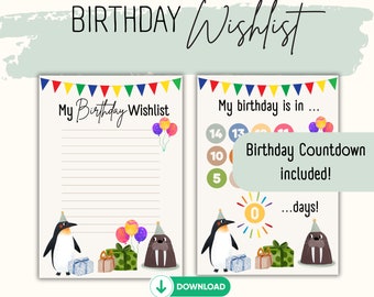 Printable birthday wishlist I Birthday Countdown I birthday I kids I children I wishlist I instant download I printable I digital