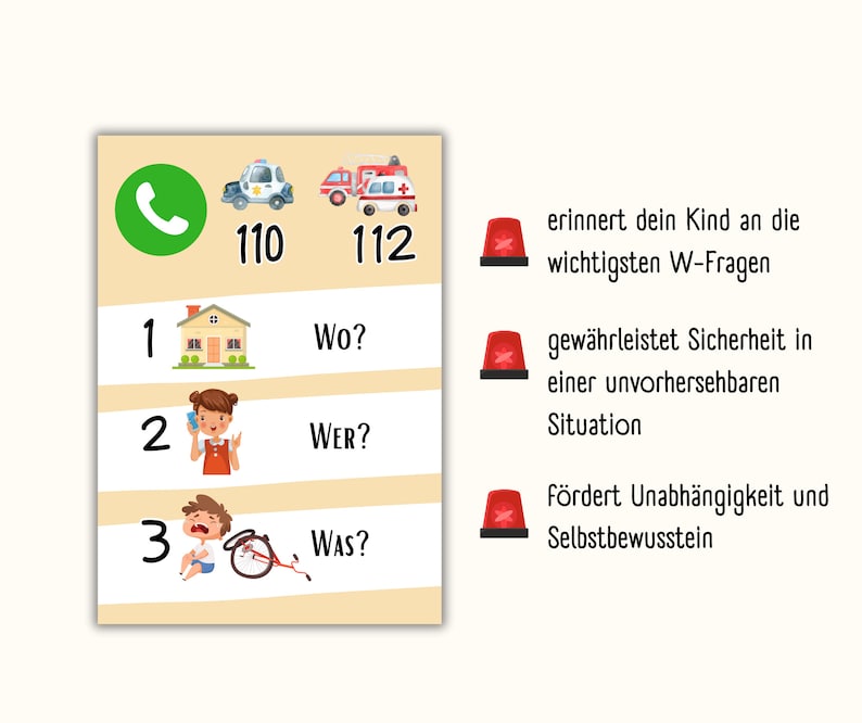 May include: A colorful chart with a green phone, a police car, and an ambulance. The chart has three steps with illustrations and text: 1. Where? 2. Who? 3. What? The chart also has red sirens with text:  Reminds your child of the most important W-questions.  Ensures safety in an unforeseen situation.  Promotes independence and self-confidence.
