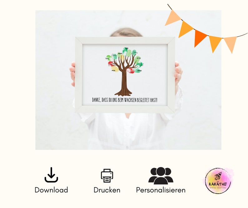 May include: A framed print with a watercolor tree with colorful handprints on the leaves. The text below the tree reads "Danke, dass du uns beim wachsen begleitet hast!"