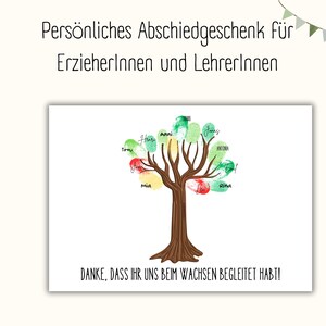 May include: A white card with a brown tree with green, yellow, and red handprints on the branches. The card says "DANKE, DASS IHR UNS BEIM WACHSEN BEGLEITET HABT!" and has the names of children written on the handprints.