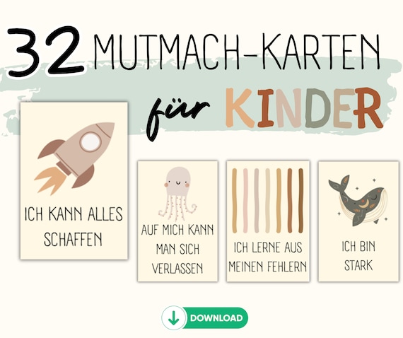 32 Mutmach-Karten für selbstbewusste Kinder zum Ausdrucken I Affirmationskarten I positive Glaubenssätze I Achtsamkeit I Sofort-Download
