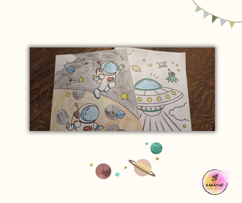May include: A black and white coloring page featuring two astronauts in space suits, a flying saucer, and stars. The astronauts are wearing helmets and have big smiles. The flying saucer is shaped like a disc and has a window in the front. The stars are scattered across the page.