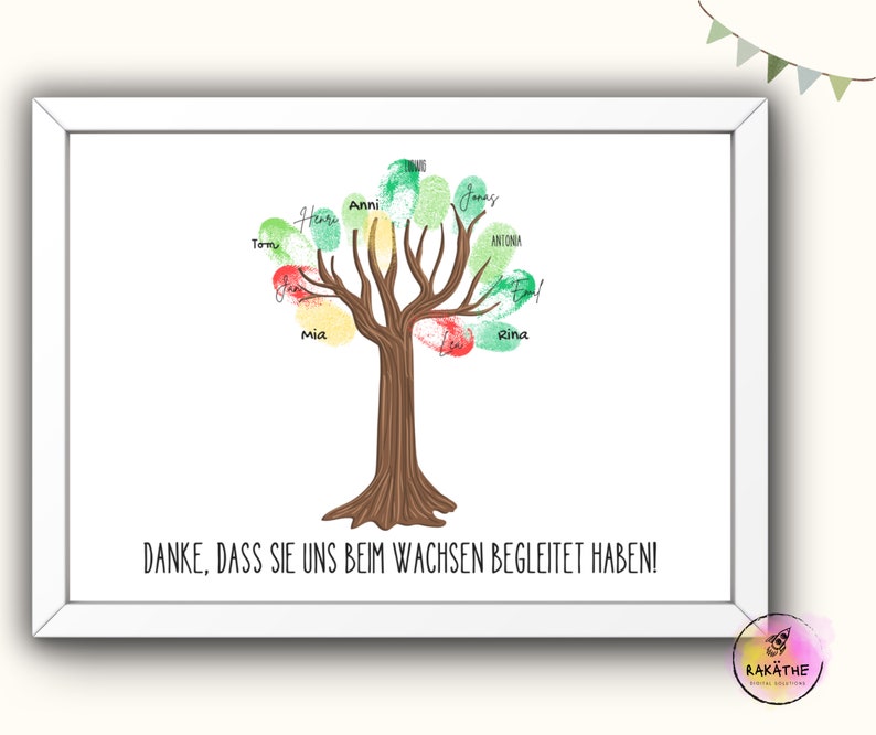 May include: A white framed print with a colorful tree made of handprints. The tree has green, red, and yellow leaves. The text "DANKE, DASS SIE UNS BEIM WACHSEN BEGLEITET HABEN!" is at the bottom of the print.