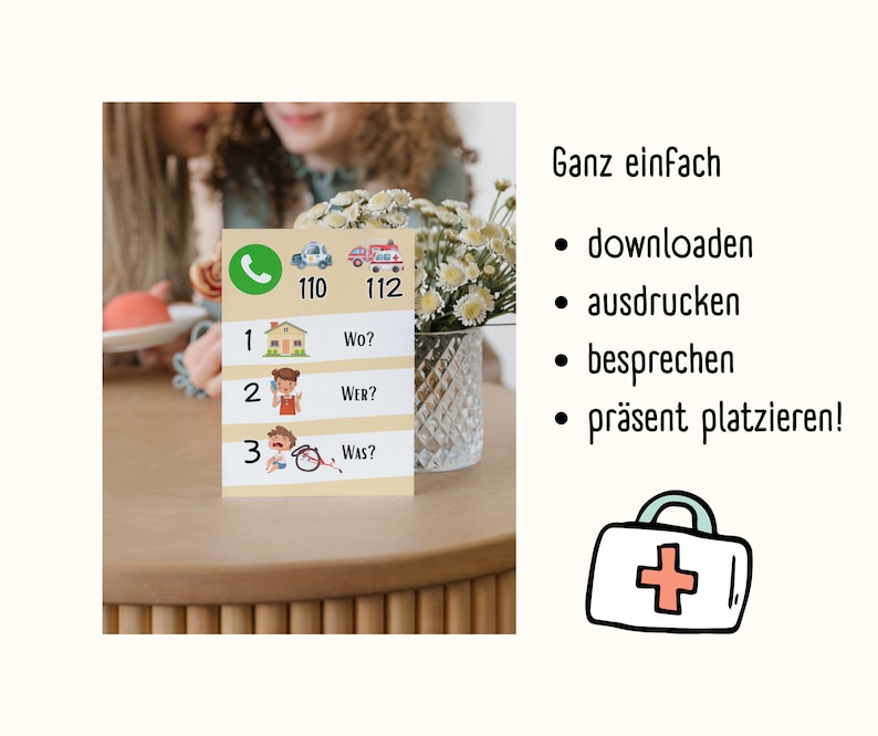 May include: A yellow card with a phone icon, a police car icon, and a fire truck icon. The numbers 110 and 112 are printed below the icons. The card also has three rows with numbers 1, 2, and 3. Each row has a question: "Wo?", "Wer?", and "Was?" The card is on a wooden table with a vase of white flowers.