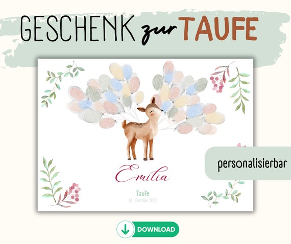 Personalisiertes Taufgeschenk I Fingerabdruck I Gästeposter I Geschenk I Taufe I Fingerabdruck Ballons I zum Ausdrucken I Download I Reh