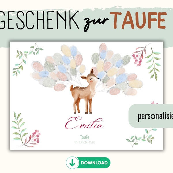 Personalisiertes Taufgeschenk I Fingerabdruck I Gästeposter I Geschenk I Taufe I Fingerabdruck Ballons I zum Ausdrucken I Download I Reh