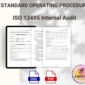 Puede incluir: Una plantilla de documento digital para un Procedimiento Operativo Estándar (POE) para la auditoría interna ISO 13485. El documento incluye secciones para la información del documento, el propósito y el alcance, el flujo de trabajo, los documentos aplicables, los archivos adjuntos, el historial de versiones y las notas.