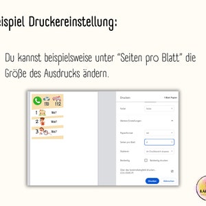 May include: A screenshot of a computer screen showing a print dialog box with options for color, paper size, scaling, and pages per sheet. The text "Drucken" is visible on the button, which is highlighted in blue. The text "Abbrechen" is visible on the button, which is not highlighted. The text "1 Blatt Papier" is visible in the top right corner of the dialog box.