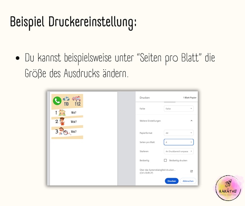 May include: A screenshot of a computer screen showing a print dialog box with options for color, paper size, scaling, and pages per sheet. The text "Drucken" is visible on the button, which is highlighted in blue. The text "Abbrechen" is visible on the button, which is not highlighted. The text "1 Blatt Papier" is visible in the top right corner of the dialog box.