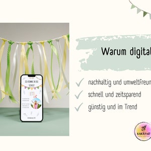 Puede incluir: Una invitaci&oacute;n digital en la pantalla de un tel&eacute;fono inteligente con una guirnalda de cintas verde, blanca y amarilla en el fondo. La invitaci&oacute;n dice "Ich komme in die Schule!" y presenta una foto de una ni&ntilde;a. El texto a la derecha de la imagen dice "Warum digital?" con tres marcas de verificaci&oacute;n y el siguiente texto: "nachhaltig und umweltfreundlich", "schnell und zeitsparend", y "g&uuml;nstig und im Trend".