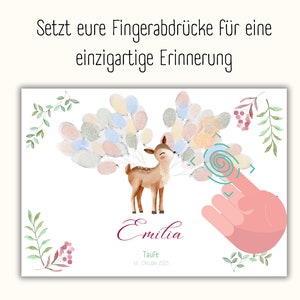 May include: A white card with a watercolor illustration of a deer with balloons. The balloons are made of fingerprints. The card says "Setzt eure Fingerabdr&uuml;cke f&uuml;r eine einzigartige Erinnerung" and "Emilia" with the date "14. Oktober 2023".