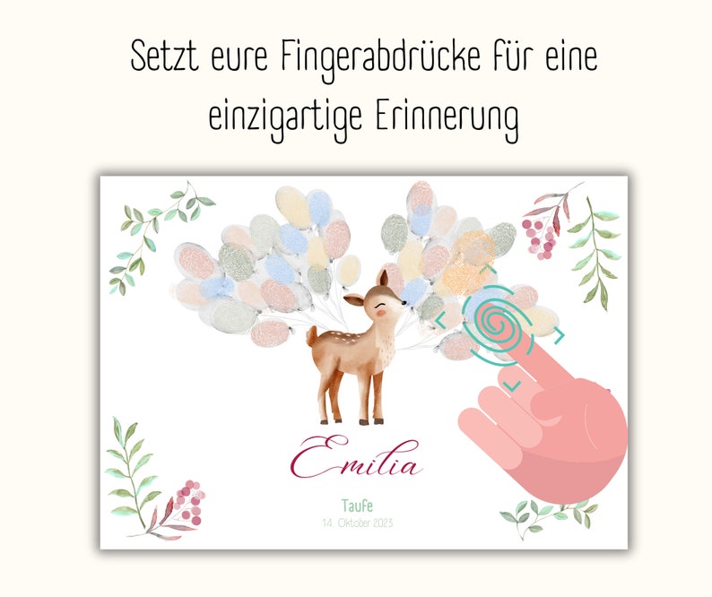 May include: A white card with a watercolor illustration of a deer with balloons. The balloons are made of fingerprints. The card says "Setzt eure Fingerabdr&uuml;cke f&uuml;r eine einzigartige Erinnerung" and "Emilia" with the date "14. Oktober 2023".