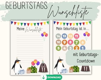 Geburtstags-Wunschliste für Kinder I Wunschliste I Kinder I Geburtstags-Countdown I Countdown für Geburtstag I Geburtstag I Zum Ausdrucken