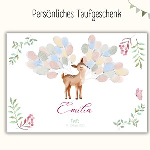 May include: A white card with a watercolor illustration of a fawn with a bouquet of pastel balloons. The text "Emilia" is written in cursive below the fawn. The text "Taufe 14. Oktober 2023" is written below the name.