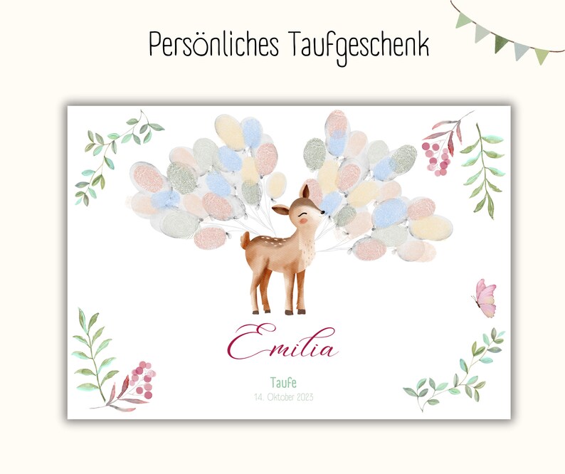 May include: A white card with a watercolor illustration of a fawn with a bouquet of pastel balloons. The text "Emilia" is written in cursive below the fawn. The text "Taufe 14. Oktober 2023" is written below the name.