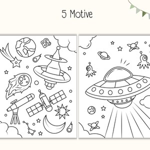 May include: A black and white coloring page with two illustrations of space-themed objects. The left side features a spaceship, a telescope, a satellite, a comet, a crescent moon, a star, a constellation, and a planet. The right side features a flying saucer, a planet, a star, a constellation, and an alien.