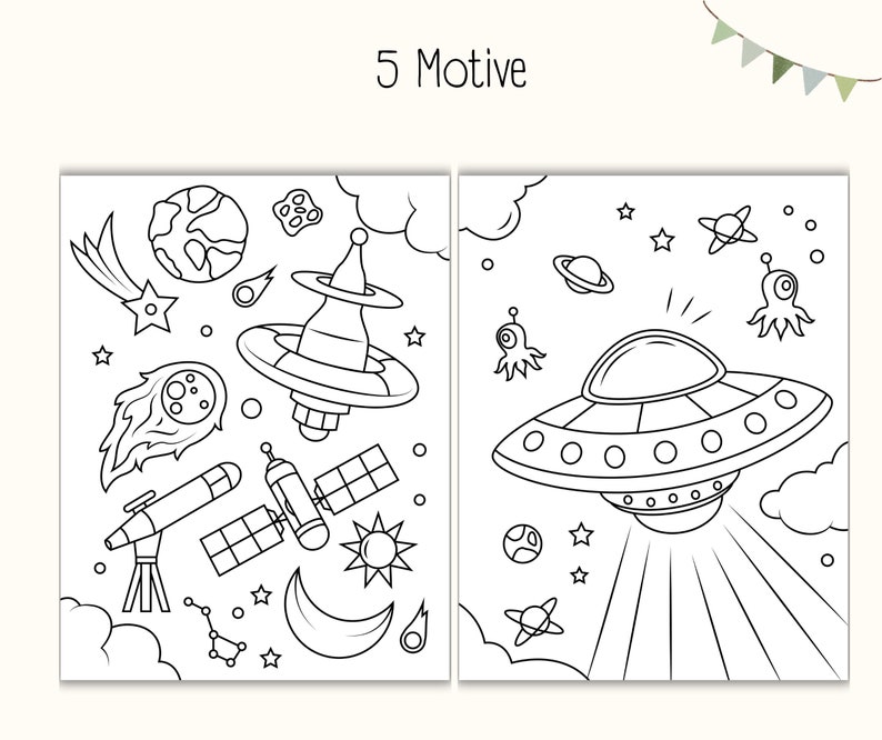 May include: A black and white coloring page with two illustrations of space-themed objects. The left side features a spaceship, a telescope, a satellite, a comet, a crescent moon, a star, a constellation, and a planet. The right side features a flying saucer, a planet, a star, a constellation, and an alien.