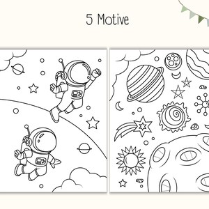 May include: A black and white coloring page with the title "5 Motive". The page features two astronauts floating in space, surrounded by stars, planets, and a comet.