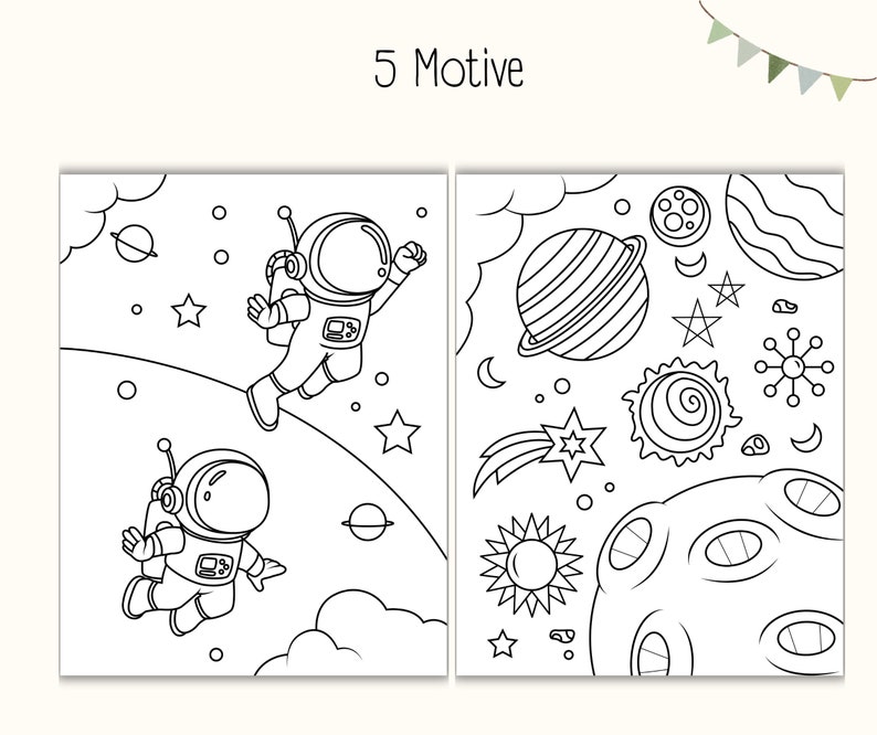 May include: A black and white coloring page with the title "5 Motive". The page features two astronauts floating in space, surrounded by stars, planets, and a comet.