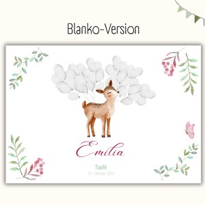 May include: A white card with a watercolor illustration of a fawn with balloons. The fawn is brown with white spots. The text "Emilia" is written in a cursive font in burgundy. The text "Taufe 14. Oktober 2023" is written in a smaller font in green.