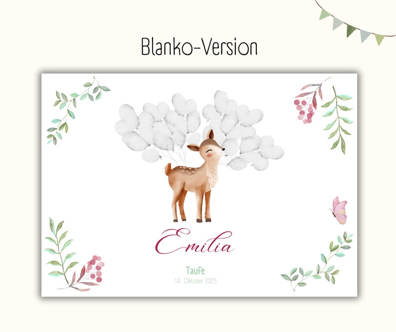May include: A white card with a watercolor illustration of a fawn with balloons. The fawn is brown with white spots. The text "Emilia" is written in a cursive font in burgundy. The text "Taufe 14. Oktober 2023" is written in a smaller font in green.