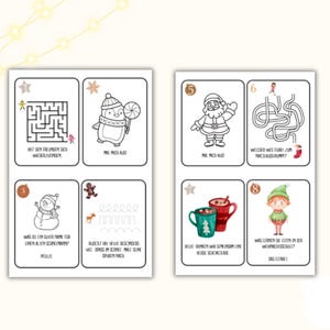 May include: A set of eight printable Christmas activity cards for kids. The cards feature a variety of activities, including mazes, coloring, and word searches. The cards are decorated with festive Christmas illustrations.