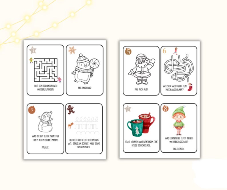 May include: A set of eight printable Christmas activity cards for kids. The cards feature a variety of activities, including mazes, coloring, and word searches. The cards are decorated with festive Christmas illustrations.