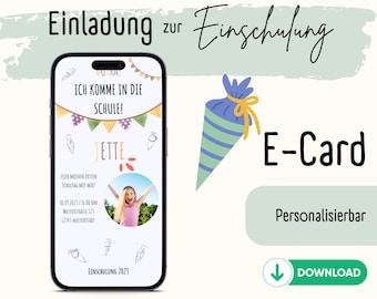 May include: A digital invitation for a child's first day of school. The invitation features a colorful cartoon illustration of a school bus, a girl with a backpack, and the text "I'm going to school!" The invitation is customizable and can be downloaded.