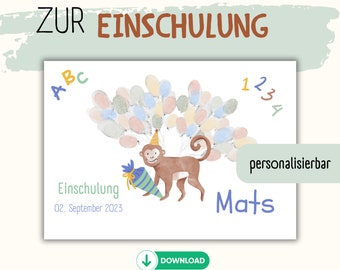 Personalisiertes Geschenk Einschulung I Fingerabdruck I Gästeposter I Geschenk I Einschulung I Ballons I zum Ausdrucken I Download I Affe