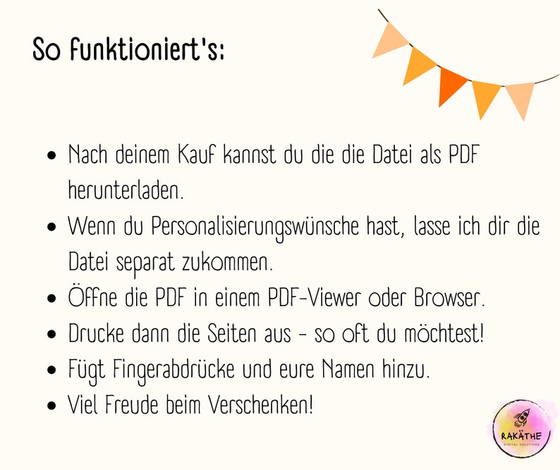 May include: A list of instructions on how to use a PDF file. The instructions are written in German and include the text "So funktioniert's:" and "RAK&Auml;THE".