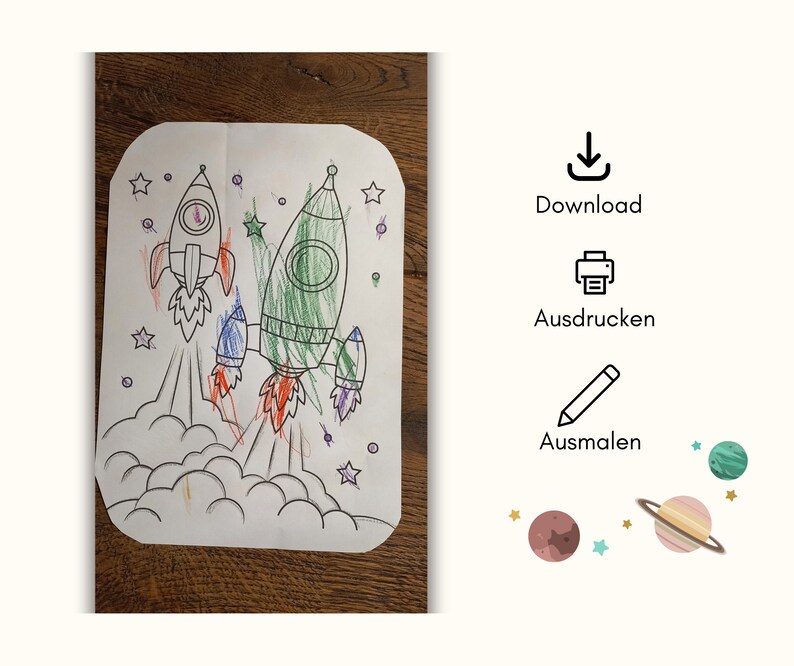May include: A black and white coloring page featuring two rockets taking off into space. The rockets are outlined and ready to be colored in. The page also includes stars and clouds.