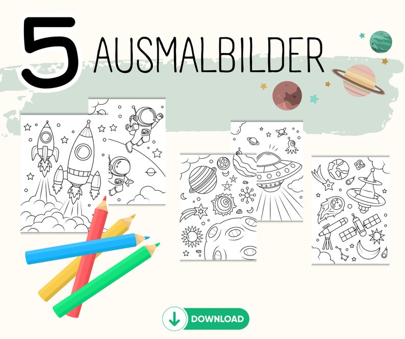 May include: Five black and white coloring pages featuring space-themed illustrations. The illustrations include rockets, astronauts, planets, stars, a UFO, a satellite, and a telescope. The coloring pages are perfect for kids who love space.