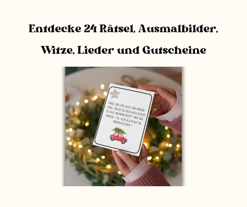 May include: A white card with a red car and a Christmas tree on top. The card has text that reads "FRAGT DAS EINE AUTO DAS ANDERE: "UNG, FREUST DU DICH AUCH SCHON SO AUF WEIHNACHTEN?" SAGT DAS ANDERE: "JA, VOR ALLEM AUF DIE PARKPLATZCHEN."