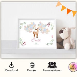 May include: A printable watercolor deer fingerprint art print with a white background. The deer is holding a bouquet of colorful balloons. The print includes the name "Emilia" and the text "Taufe 11. Januar 2023".