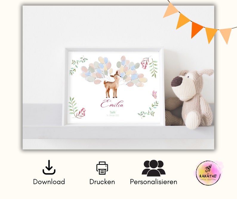 May include: A printable watercolor deer fingerprint art print with a white background. The deer is holding a bouquet of colorful balloons. The print includes the name "Emilia" and the text "Taufe 11. Januar 2023".