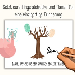 May include: A white card with a bare tree branch in the center. The tree has three spaces for fingerprints, one green, one orange, and one beige. The card also has a fingerprint scanner icon and the text "Setzt eure Fingerabdr&uuml;cke und Namen f&uuml;r eine einzigartige Erinnerung" and "DANKE, DASS SIE UNS BEIM WACHSEN BEGLEITET HABEN".