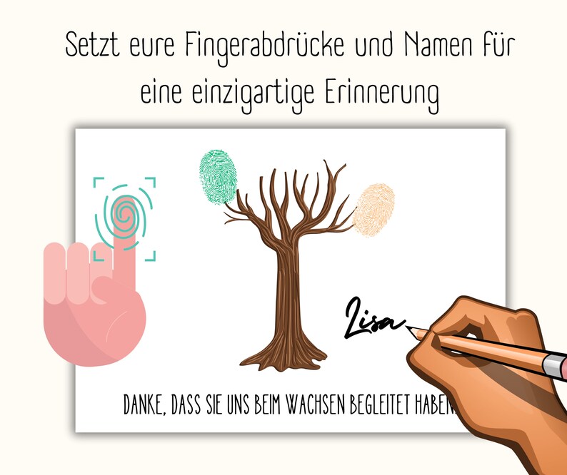 May include: A white card with a bare tree branch in the center. The tree has three spaces for fingerprints, one green, one orange, and one beige. The card also has a fingerprint scanner icon and the text "Setzt eure Fingerabdr&uuml;cke und Namen f&uuml;r eine einzigartige Erinnerung" and "DANKE, DASS SIE UNS BEIM WACHSEN BEGLEITET HABEN".