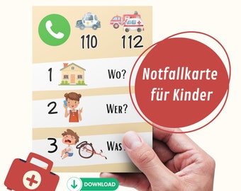 Notfallkarte  Notrufkarte für Kinder I Notfallnummer I W-Fragen I SOS-Karte I Unabhängigkeit I Selbstsicherheit I Familienorganisation