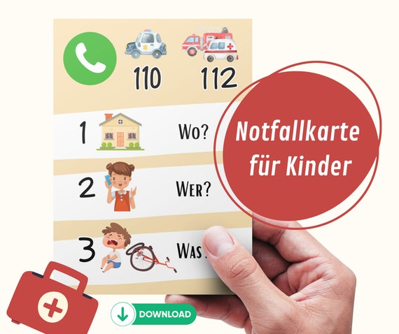 Notfallkarte  Notrufkarte für Kinder I Notfallnummer I W-Fragen I SOS-Karte I Unabhängigkeit I Selbstsicherheit I Familienorganisation
