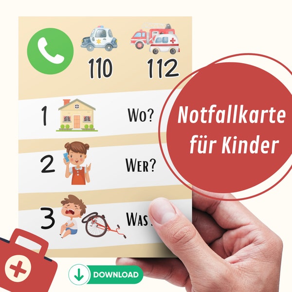 Notfallkarte  Notrufkarte für Kinder I Notfallnummer I W-Fragen I SOS-Karte I Unabhängigkeit I Selbstsicherheit I Familienorganisation