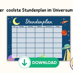 Stundenplan zum Ausdrucken im Weltraumdesign für kleine Astronauten und Weltallfans!