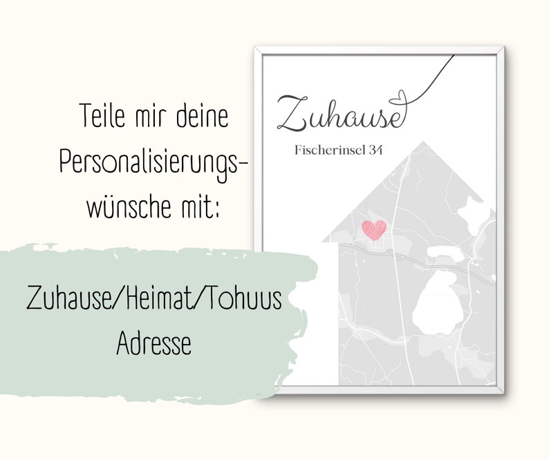 Puede incluir: Una impresi&oacute;n enmarcada en blanco con un mapa gris de un barrio con un coraz&oacute;n rosa en el centro. El texto "Zuhause" est&aacute; escrito en cursiva sobre el mapa y "Fischerinsel 34" est&aacute; escrito debajo del mapa.