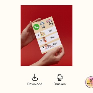 May include: A printable emergency phone number chart for kids. The chart features a phone with a green receiver, a house, a person with a phone, and a person with a bicycle. The chart includes the numbers 110 and 112, and the words "Wo?", "Wer?", and "Was?"