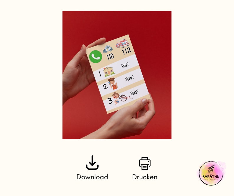 May include: A printable emergency phone number chart for kids. The chart features a phone with a green receiver, a house, a person with a phone, and a person with a bicycle. The chart includes the numbers 110 and 112, and the words "Wo?", "Wer?", and "Was?"