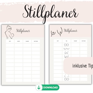 Peut inclure: Deux pages d'un planificateur d'allaitement intitulé "Stillplaner". Une page présente un dessin au trait d'une mère et de son bébé, l'autre des illustrations de seins. Comprend le texte "inklusive Tipps" et un bouton de téléchargement.