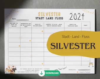 Stadt Land Fluss I Silvester Edition I Spiel zum Ausdrucken I Last Minute I Download I PDF I Partyspiel I Gastgeschenk I Neujahr I A4