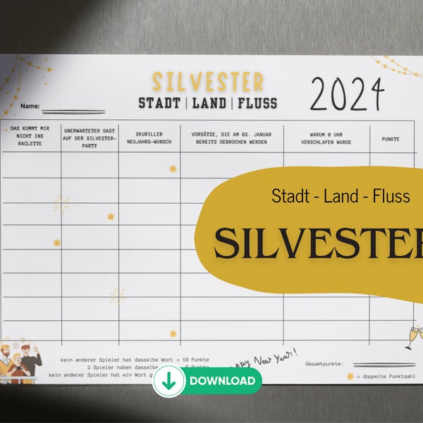 Stadt Land Fluss I Silvester Edition I Spiel zum Ausdrucken I Last Minute I Download I PDF I Partyspiel I Gastgeschenk I Neujahr I A4