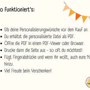 May include: A list of instructions on how to personalize a printable PDF file. The instructions are written in German and include the text "So funktioniert's:" and "Viel Freude beim Verschenken!"