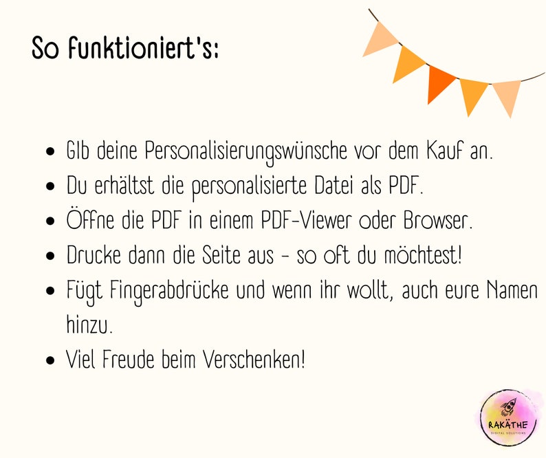May include: A list of instructions on how to personalize a printable PDF file. The instructions are written in German and include the text "So funktioniert's:" and "Viel Freude beim Verschenken!"