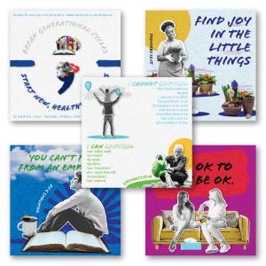 May include: A collage of inspirational art prints with various themes. One print reads "Break Generational Cycles," another "Find Joy in the Little Things." Other prints feature text like "I Cannot Control" and "You Can't." The prints have a mix of illustrations and text.